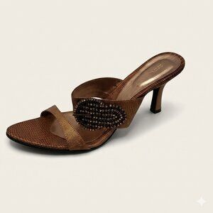 Rhinestone Bronze Snakeskin Slip On High Heels